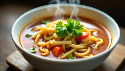 Close-up of steaming hot Asian soup with noodles and vegetables in white bowl, steam, food, bowl