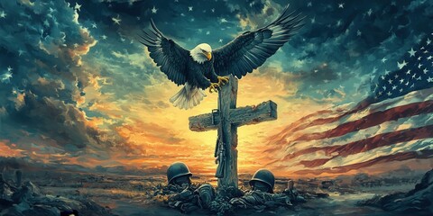 A powerful Memorial Day greeting card featuring an eagle soaring above a battlefield cross, with the U.S. flag and sunset in the background. A tribute to heroes.