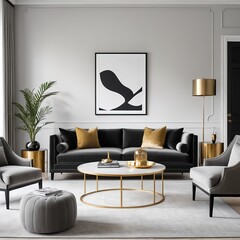 Obraz premium Modern Living Room Interior Design with Gray Velvet Sofa and Gold Accents