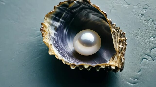 Pearl nestled in an open oyster shell on a textured surface
