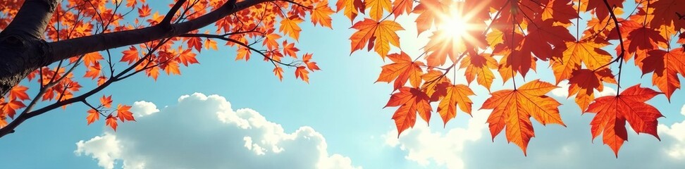 Autumn tree branches with orange leaves under cloudy sky, outdoors, clouds, orange