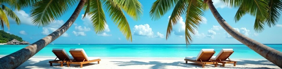 Beach chairs underneath a palm tree on a tropical island, relaxation, palm tree, vacation
