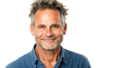 Obraz premium Smiling man with grey hair, wearing a blue shirt, isolated on a white background.