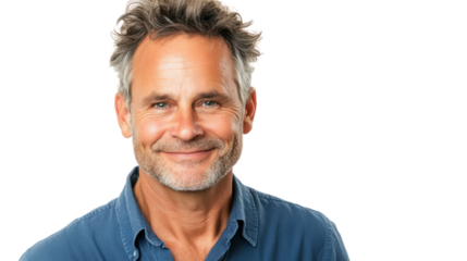 Smiling man with grey hair, wearing a blue shirt, isolated on a white background.