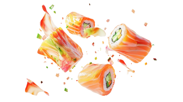 Colorful sushi rolls arranged creatively on a white background, showcasing fresh ingredients and vibrant colors.