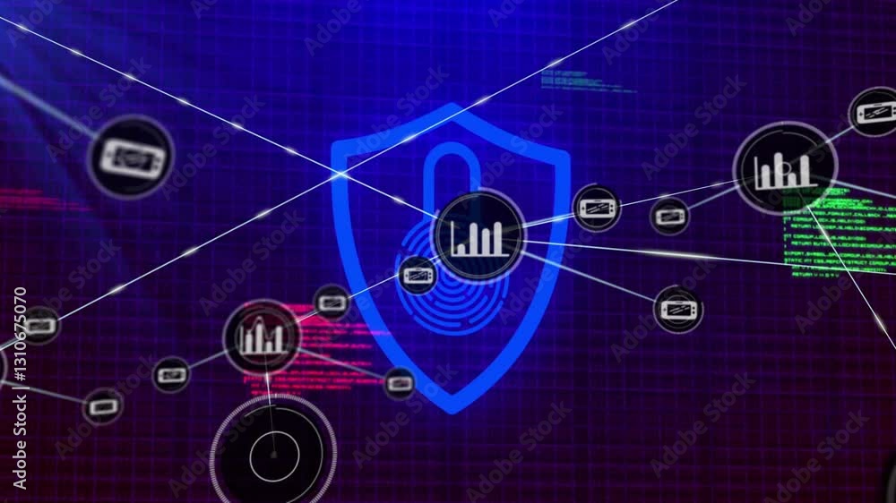 Poster animation of digital security network with data connections and shield on grid background