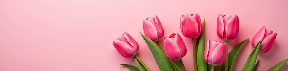 Fototapeta premium Beautiful bunch of tulip flowers against soft pink backdrop, decoration, floral, feminine