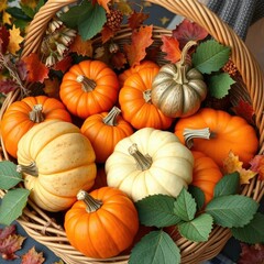A basket overflowing with fresh pumpkins and fall decorations, decoration, basket, autumn