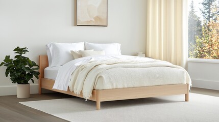 Serene Scandinavian Bedroom  Minimalist Light Wood Bed  Cozy Blanket  Natural Light