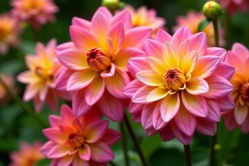Obraz premium Close-up of vibrant pink and yellow dahlia flowers blooming in a garden, nature, colorful, dahlia