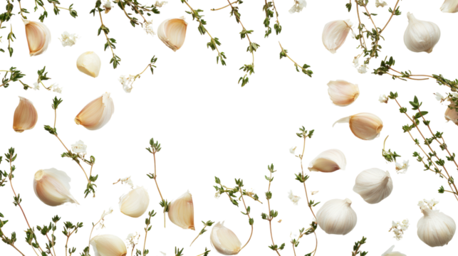 A beautiful arrangement of garlic cloves and herbs on a black background, enhancing the theme of culinary delights.