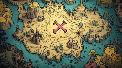 Fototapeta premium Treasure Map: An antique treasure map of an island, inviting adventure and the thrill of discovery, perfect for story telling or gaming.