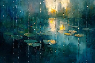 Naklejka premium Rainy Pond Reflections Serene Nature Landscape Abstract Painting