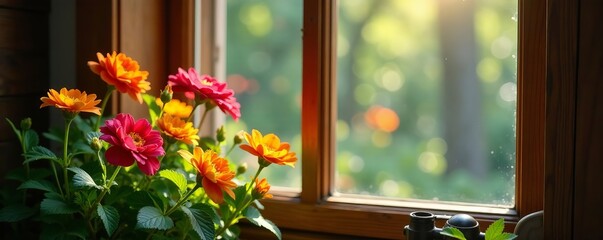 Close-up of wooden window with vibrant flowers blooming, vibrant, blooming, decoration