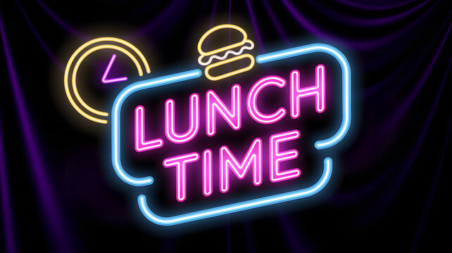  "LUNCH TIME" neon sign in bright pink, blue, and yellow with a burger and clock icon on a dark draped background. text