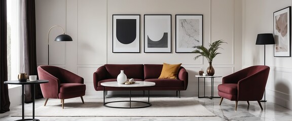 Modern Living Room Interior with Burgundy Velvet Sofa and Armchairs