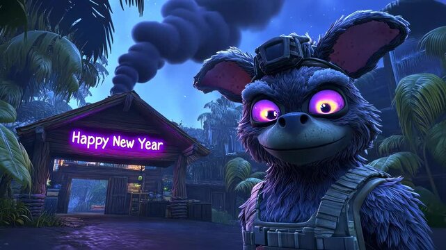 Animated creature celebrating new year in tropical setting
