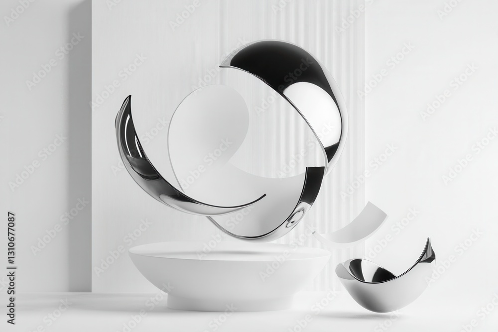 Poster Minimalist floating 3D shapes with soft shadows and reflections in a futuristic design on a white background