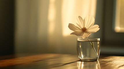 single white flower in glass vase catches sunlight, creating serene and peaceful ambiance, reflecting natural beauty indoors