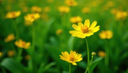 Obraz premium Bright yellow flower blooms amidst lush green foliage, flowers, plants