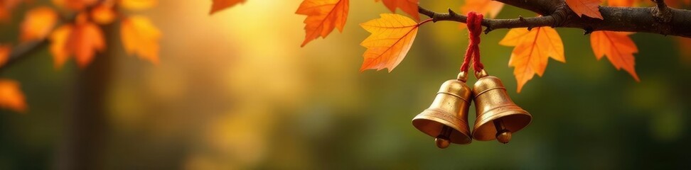 Golden bells suspended from a tree branch by twine, nature, autumn leaves, wreath
