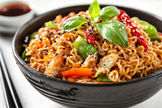 main dish of chinese instant noodles, white background, food photography,