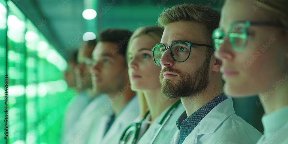 Poster world health day equity concepts. scientists observing data in a high-tech laboratory environment.