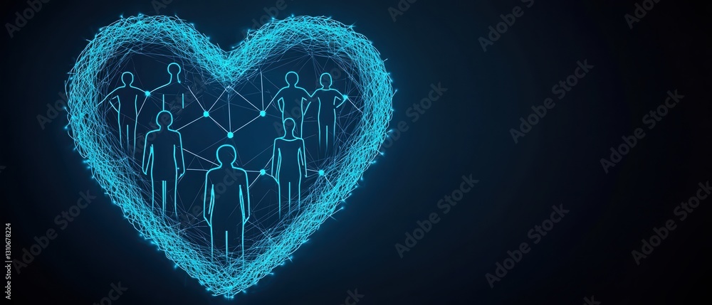Poster world health day equity concepts. digital heart shape with figures representing connection and commu