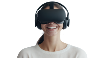 Smiling woman wearing virtual reality headset, enjoying immersive experience with modern technology.