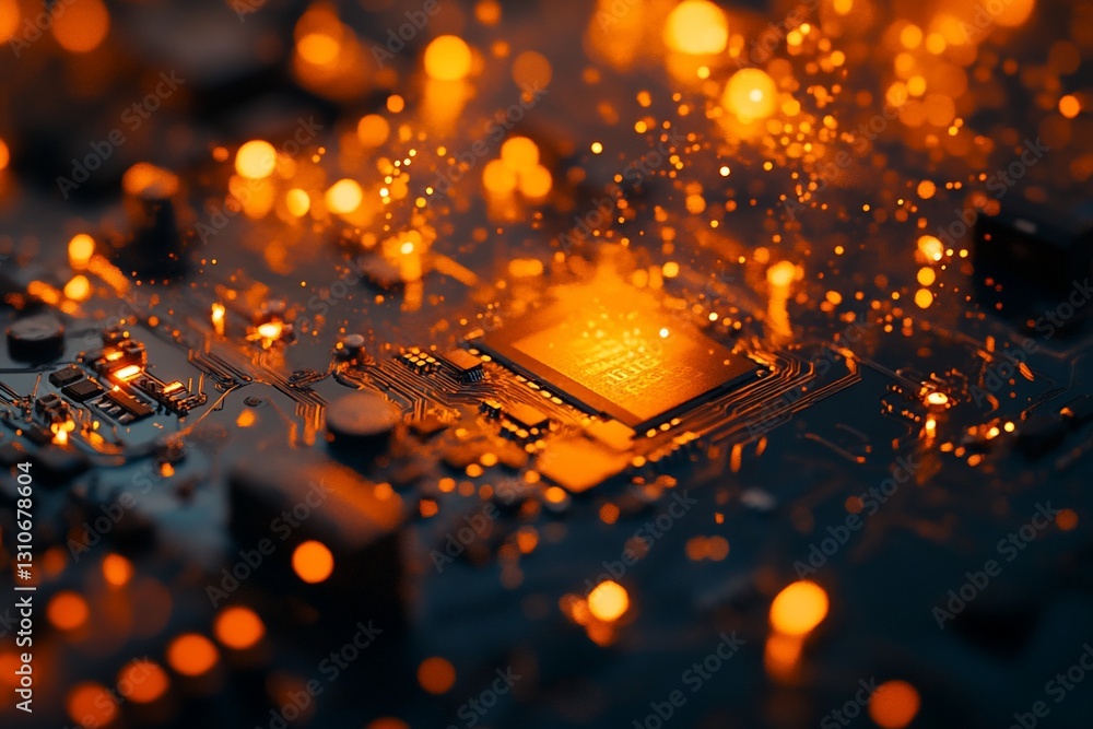 Aufkleber close-up of illuminated cpu on circuit board, sparks and glowing particles.