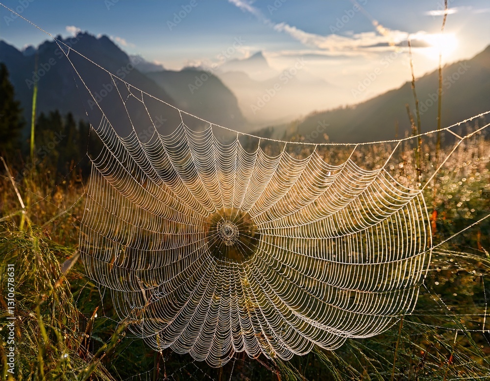 Wall mural a stunning spider s web with morning dew shines in front of a bavarian alpine landscape
