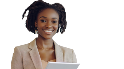 A smiling woman with natural hair holds a tablet, portraying confidence and professionalism in a modern setting.