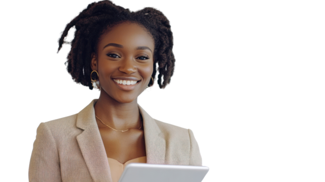 A smiling woman with natural hair holds a tablet, portraying confidence and professionalism in a modern setting.