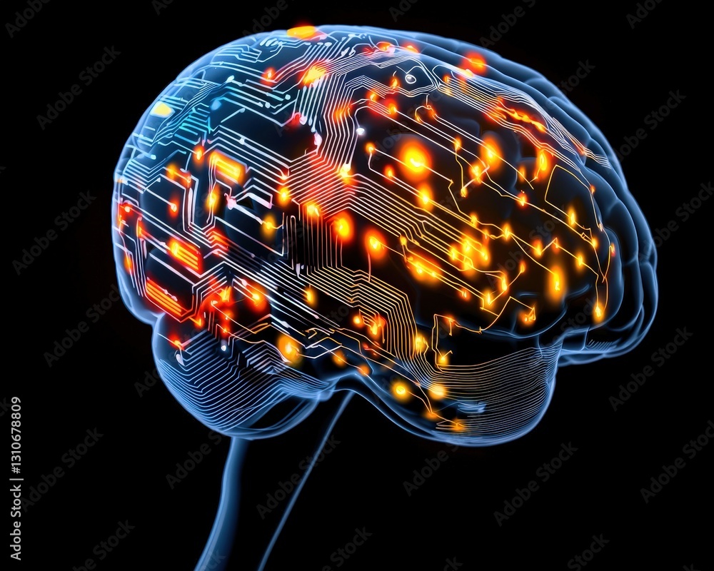 Poster advanced technology visuals with glowing ai brain projections