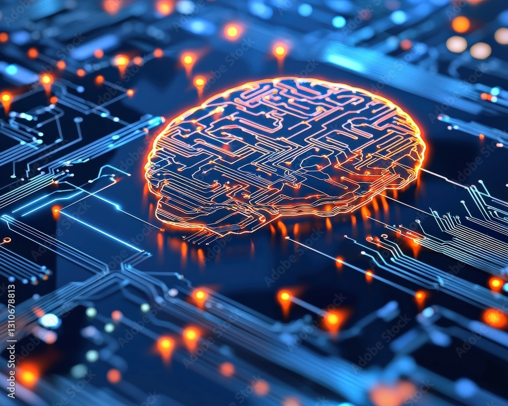 Poster advanced technology visuals with glowing ai brain projections