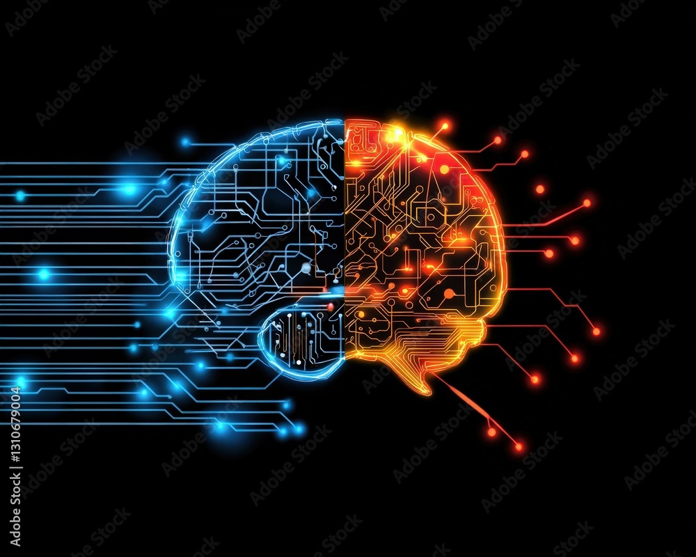 Poster advanced technology visuals with glowing ai brain projections