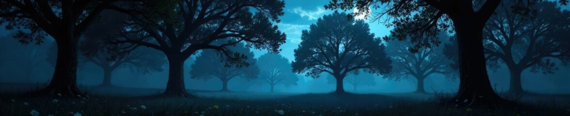 Obraz premium Trees creak in the wind, casting ominous shadows, darkness, nighttime