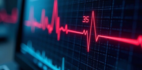 Close up of EKG monitor with digital heart rate display, diagnostic, monitor, screen