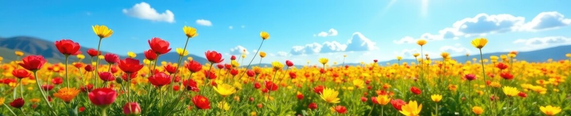 Field of Organic Immortelle flowers in full bloom against a bright blue sky, sunlight, sky, landscape