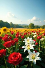 Obraz premium Field of red roses with white lilies and sunflowers, lilies, field