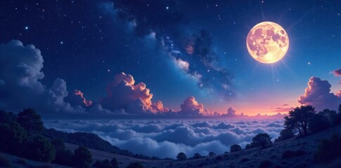 Cosmic Night Scene with Twinkling Stars and Moon, moon, nighttime, galaxy