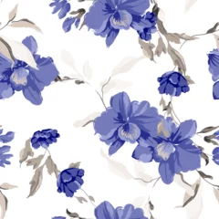 Fototapeten Floral seamless pattern features blue orchids and grey leaves on  white background. The flowers and leaves have a painterly, slightly abstract quality © momosama