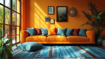 Sunny orange living room with colorful couch and plants