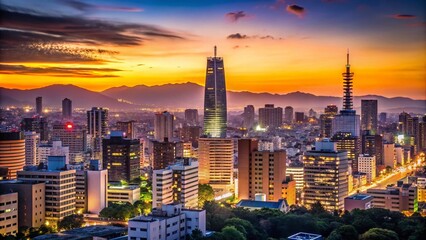 Obraz premium Minimalist Fukuoka City Skyline at Dusk: Japanese Urban Landscape