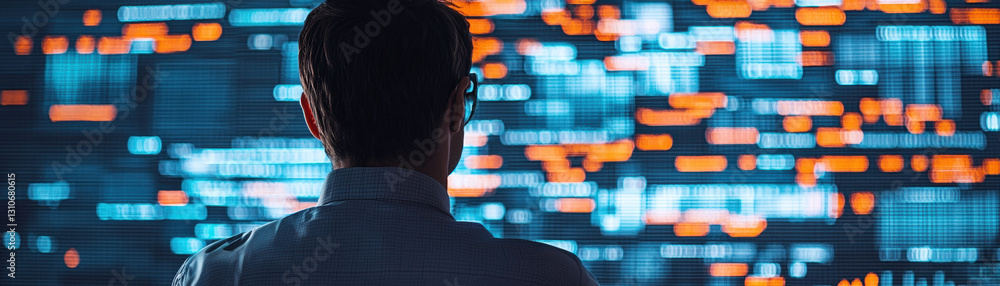 Poster person observing data visualization on a digital screen.