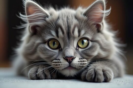 Close-up of fluffy gray cat with cute green eyes rolling, fluffy, animal, gray - Powered by Adobe