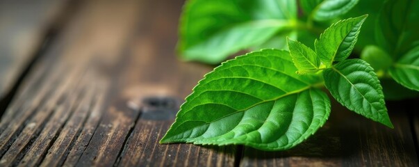 Leaf details of Piper sarmentosum plant on a wooden surface, green, botanical