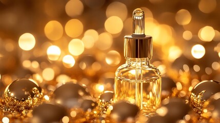 Glass dropper bottle with serum among gold Christmas ornaments and bokeh lights.