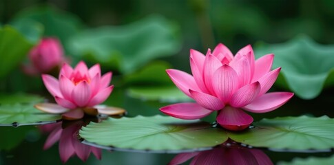 Fototapeta premium Lotus flowers blooming in a shallow pool of water, colorful, bloom, nature