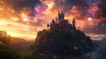 Fototapeta premium Castle on a Hill: A majestic castle stands proudly atop a verdant hill, illuminated by the vibrant colors of a sunset and the dazzling bursts of fireworks in the sky. 